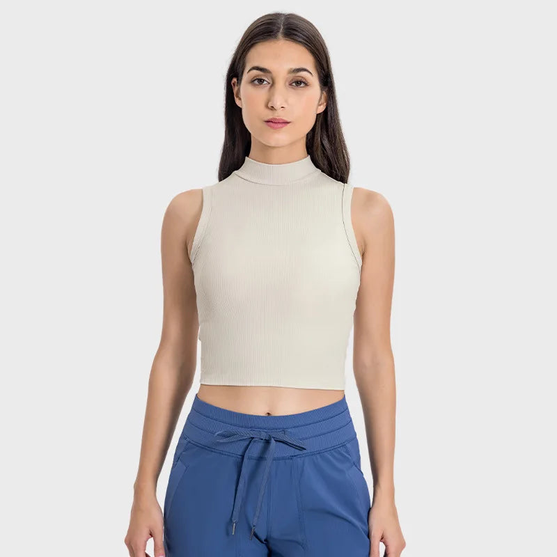 Xsunwing Sports Crop Tank Tops Women Seamless Ribbed Activewear Round High Neck Workout Crop Top Casual Yoga Gym Vest WDQ102