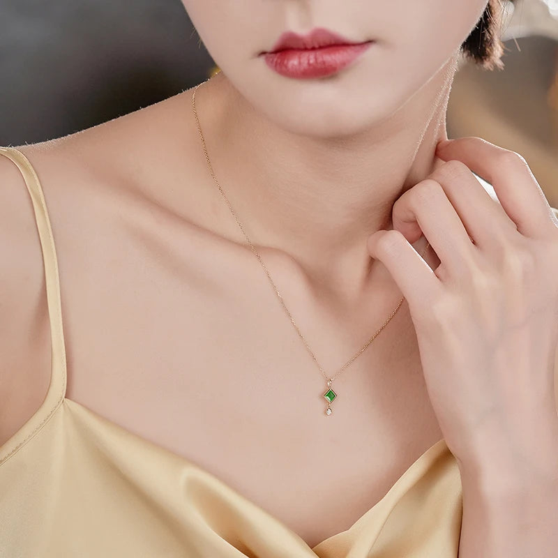 Fine+jewelry Gold Jewellery 18k Natural Emerald White Diamond Elegant Necklace Women