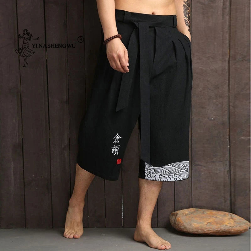 Japanese Kimono Traditional Pants Men Linen Cropped Pants Asian Clothing Bath Pant Japan Style Casual Loose Male Yukata Trousers