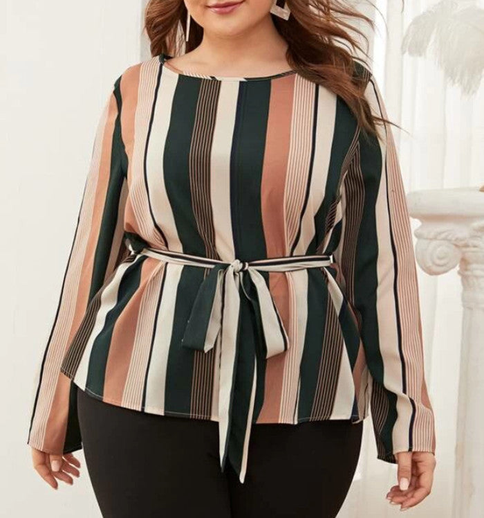 Office Lady Elegant Striped  Blouse Print O-Neck Long Sleeve 2020 New Autumn Blouses