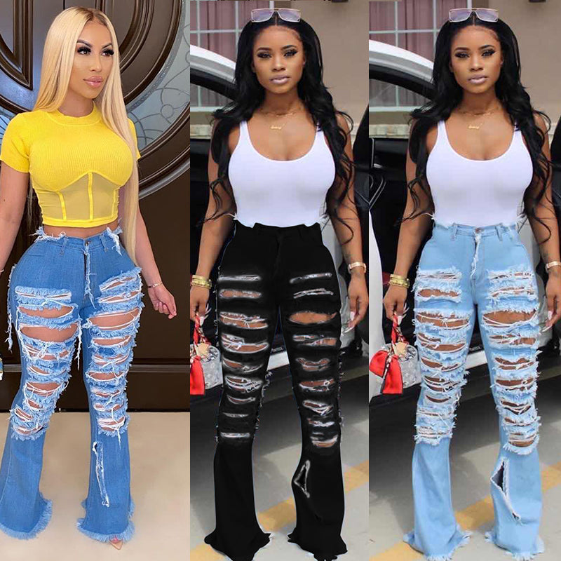 KG4160 Wide Leg Ripped Personality Street Trend Horn Bell Bottom Denim Pants Jeans Women - My Store