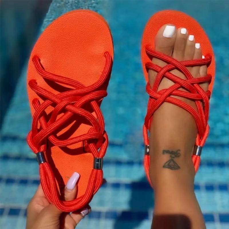 Designer Ladies Summer Tie Up Sandals Cute Fashion Platform Flat Heel Hemp Rope Sandales Women