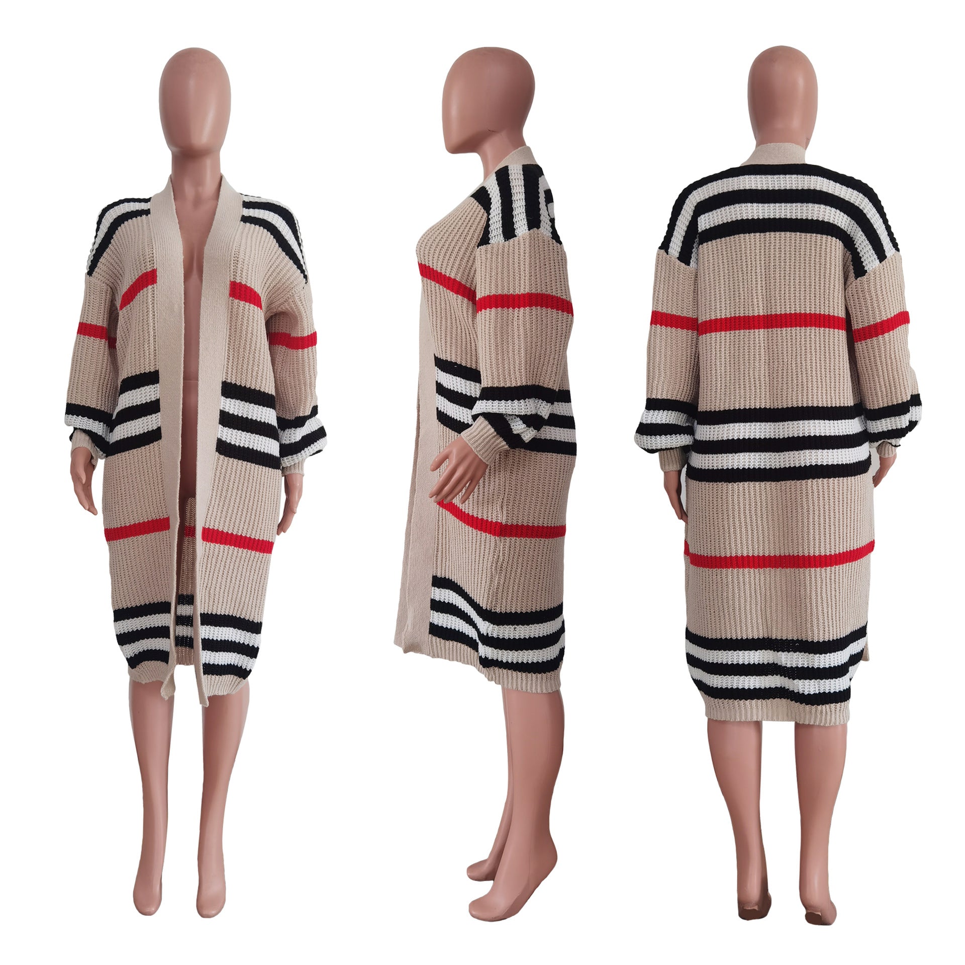 Women Coat Plus Size L-3xl Wear Out Knitted Striped Long Coat   Casual Cardigan Coats for Adult