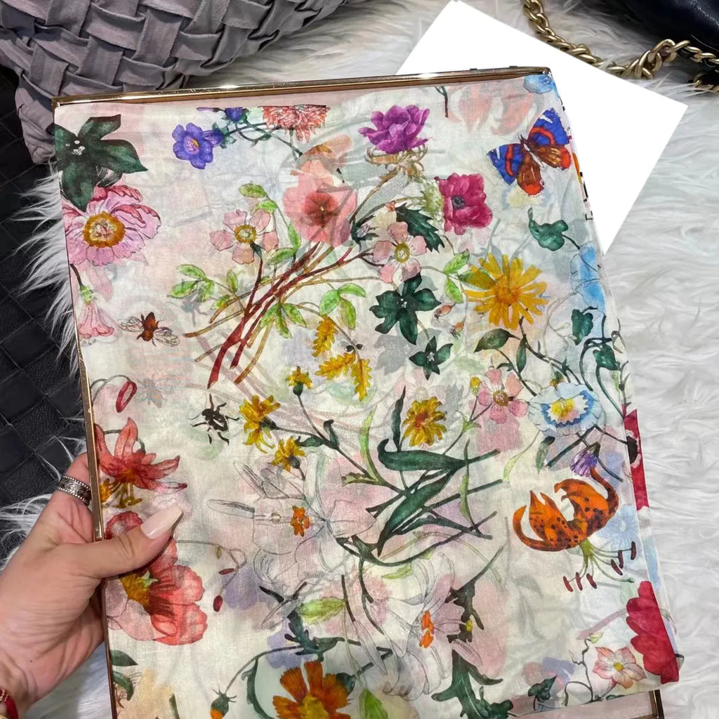 White100% Silk Scarf Women Scarves Bufandas Summer Beach Shawls Foulard Fall Winter Brand Flower Design Long Neck Scarves Hijabs
