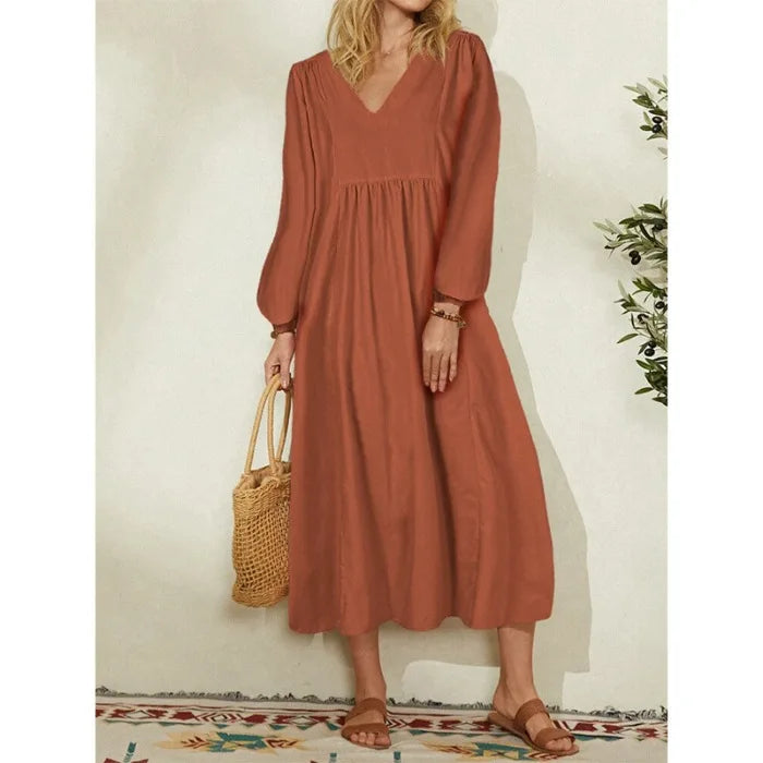 Women Clothing New Casual Dresses Fashion Cotton and Linen Loose Lantern Sleeve Womens Dresses Dress