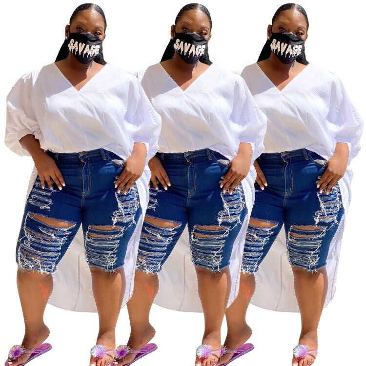 YD8820 Women High Waisted Skinny Ripped Denim Jean Shorts Plus Size Jeans With Stretch