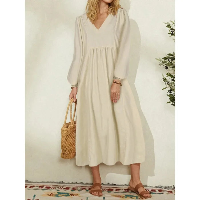 Women Clothing New Casual Dresses Fashion Cotton and Linen Loose Lantern Sleeve Womens Dresses Dress