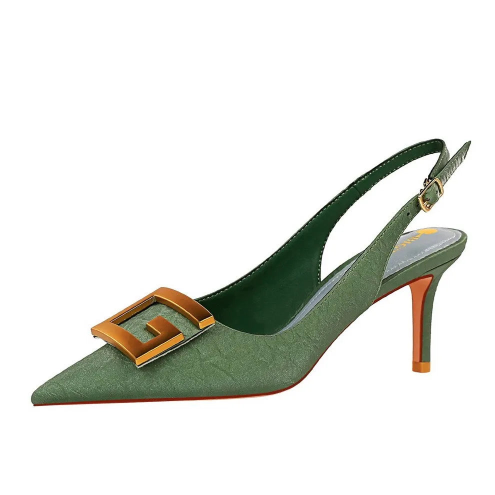 8999-5 High Heels Shoes for Women Shallow Pointed Hollow Back Metal Square Buckle Thin High Heel Sandals Heels for Ladies