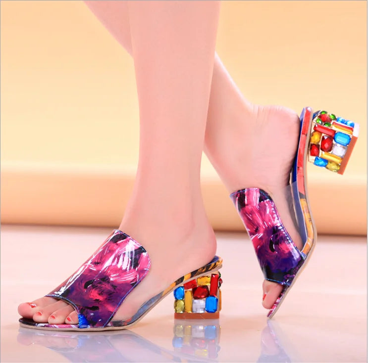 New Fashion Shinning Gem Heel Flat Sandals Round Toe Slippers Beach Casual Slippers Flip Flops Peep Toe Girl Casual Slippers