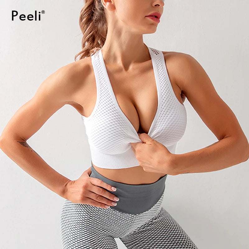 Seamless Sports Bra Top Fitness Women Racerback Running Crop Tops Femme Pink Workout Padded Yoga Bra High Support Activewear