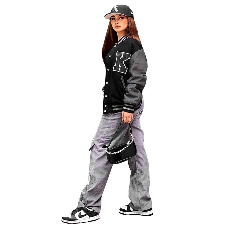 Autumn Winter Women's Coat Color Matching Printed Leather Sleeves Printed Baseball Uniform Coat Women's Jackets and Coats