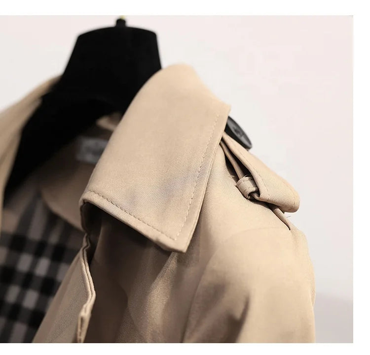 OUDINA Fashion New Sashes Double-Breasted Solid Retro Mid-Length Coat Simple Elegant Trench Coats Casual Women Coat