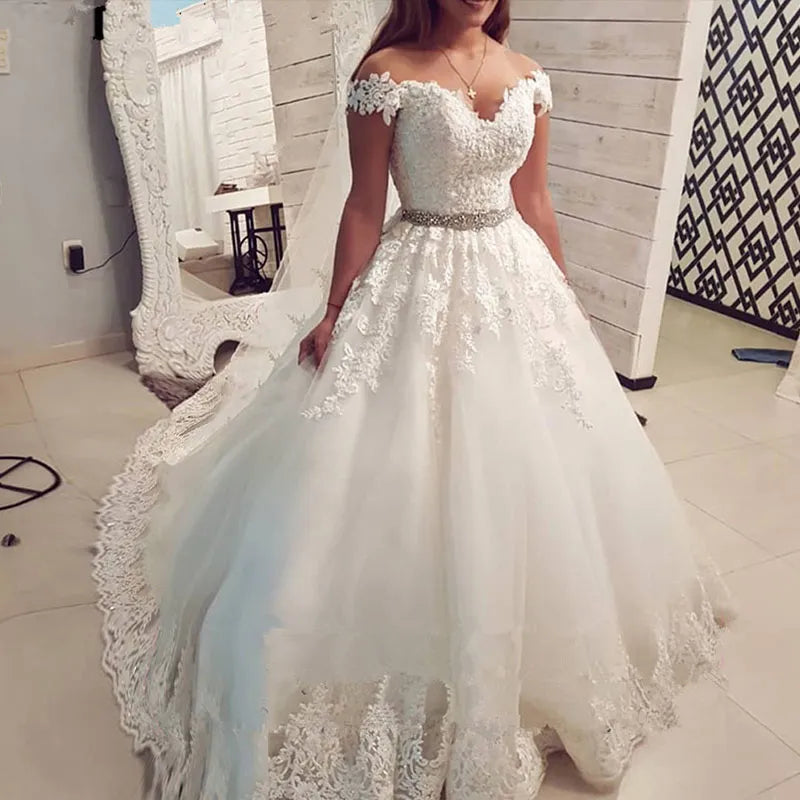 9183 2024 Off Shoulder Embroidery Charming Sweetheart White Wedding Dress Custom Made Size Ball Gown Wedding Dresse - My Store