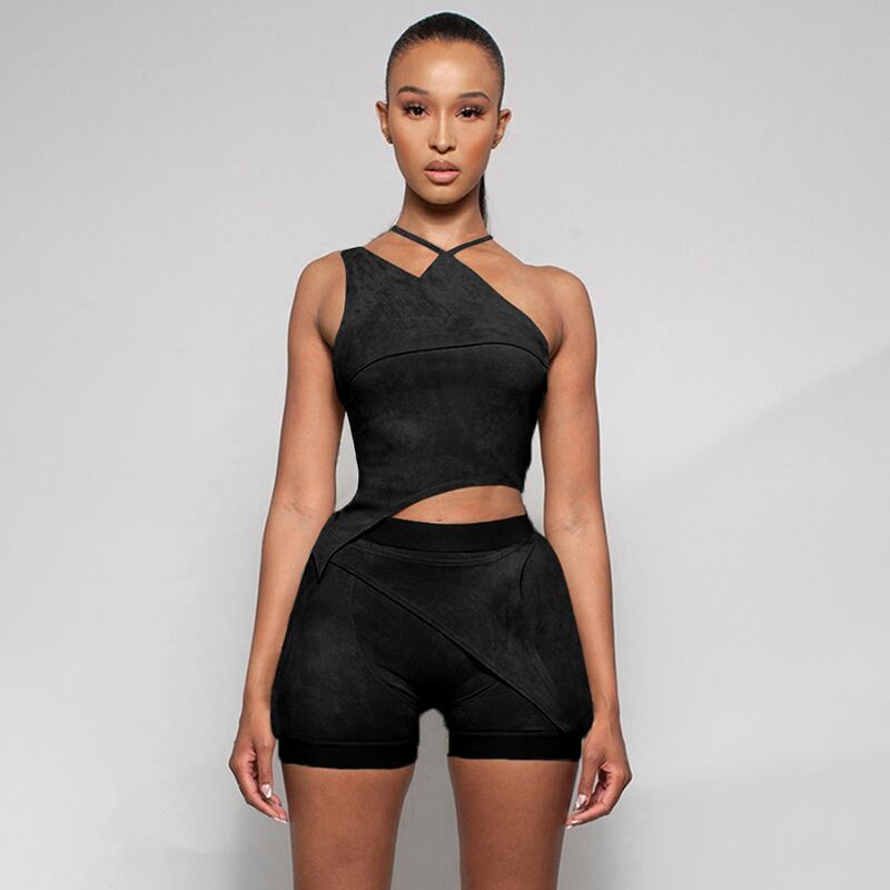 Sporty Activewear Two Piece Set Women Crop Top Hot Shorts Elastic Solid Color Tight Sportwear Outfit