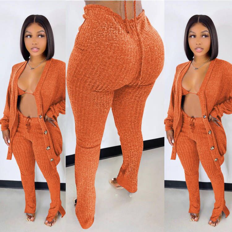 3 Piece Pants Set Winter Outfits for Women Yoga Bra Button Down Shirt and Split Pants Rib Knit Cotton Pant Set Womens Clothing