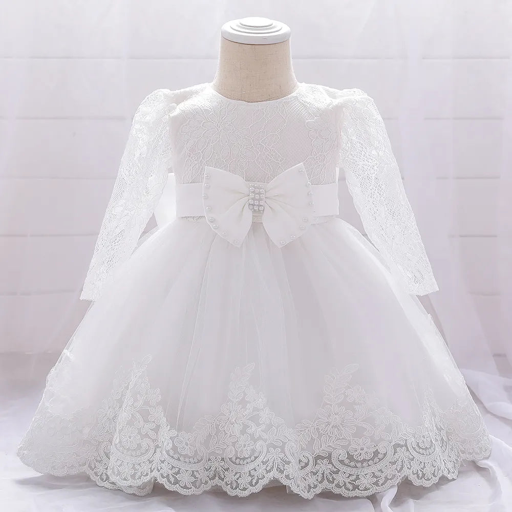 Baby Girl Dresses Party and Wedding Newborn Girl Long Sleeve Lace Dresses With Big Bow Infant Girl 1st Birthday Princess Dress - My Store