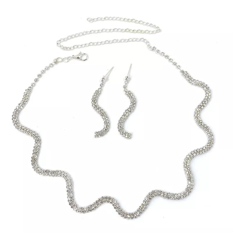 Sexy Wave Bridal Choker Jewelry Set Silver Plated Rhinestone Crystal Necklace Earrings Women Wedding Jewerlry Set
