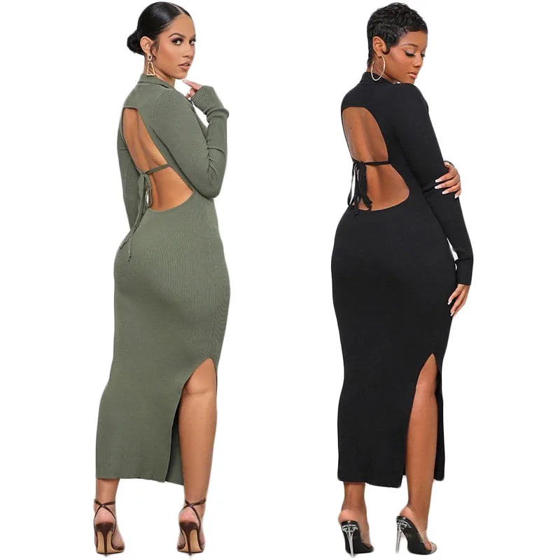 2022 Hot Sell Summer v Neck Bodycon Casual Backless Dresses Elegant Sexy Long Sleeve Dress for Women - My Store