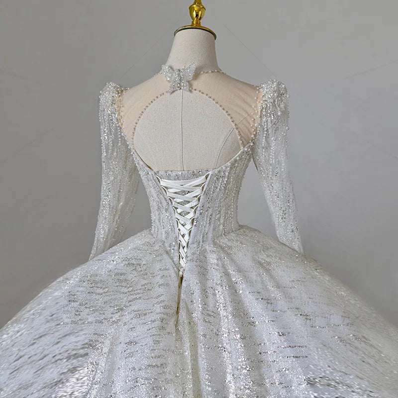 Shining Long Sleeve Ball Gown Wedding Dress Backless Sequin Wedding Dress Beading Bridal Gowns Plus Size Dresses - My Store