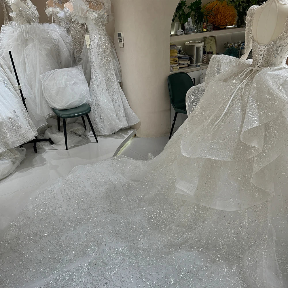 Crystal Bead Long Cathedral Train Wedding Dresses Gowns Luxury Bridal Ball Gowns Wedding Dress Dw0010 - My Store