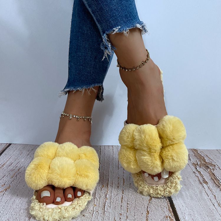 Summer Women Slippers Faux Fur Slides for Women Fluffy Slippers Female Shoes Outdoor Slippers Fur Pom Pon Furry Slides