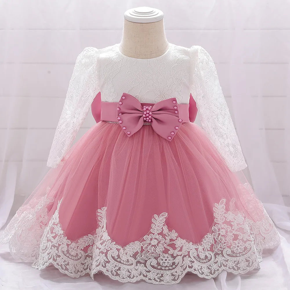 Baby Girl Dresses Party and Wedding Newborn Girl Long Sleeve Lace Dresses With Big Bow Infant Girl 1st Birthday Princess Dress - My Store