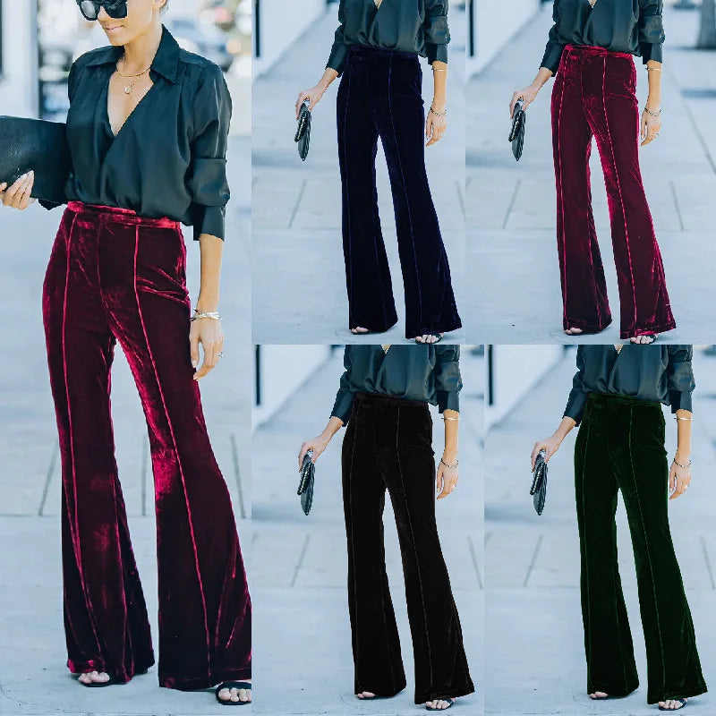 Autumn Lady Clothing Golden Velvet Micro Razor Pants High Waist Casual Pants for Women Flare Pants