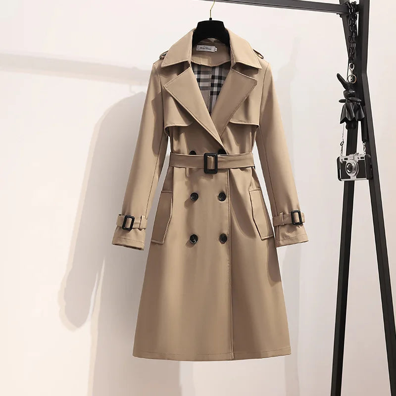 OUDINA Fashion New Sashes Double-Breasted Solid Retro Mid-Length Coat Simple Elegant Trench Coats Casual Women Coat