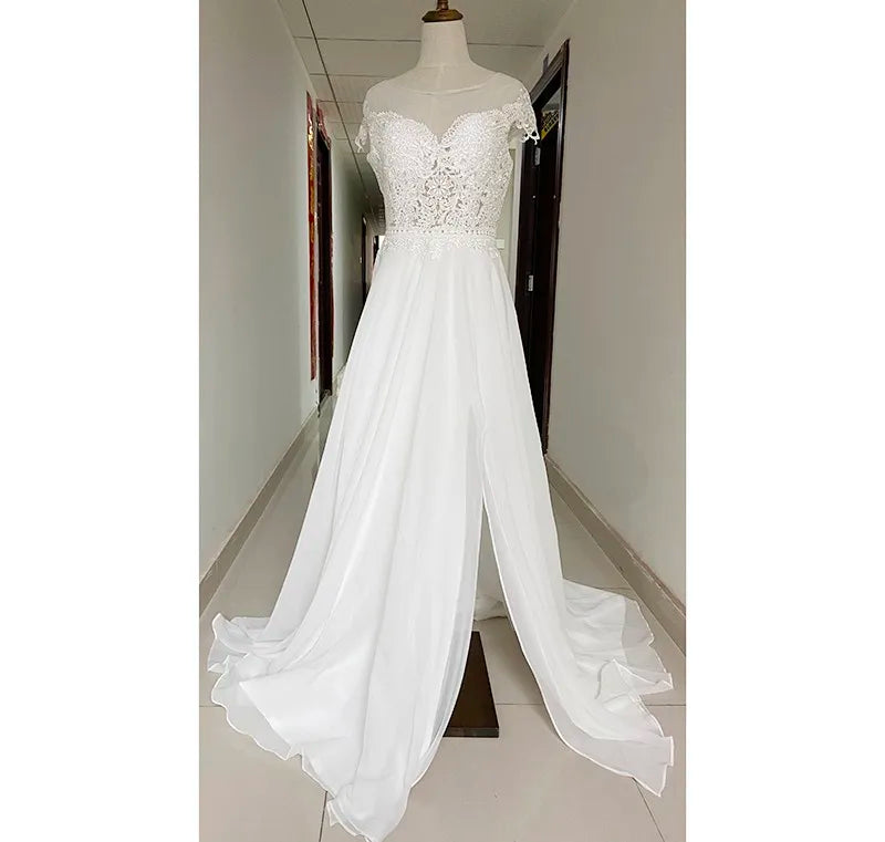 Sexy Off the Shoulder High Slit Light Wedding Dress 2021 Lace Boat Neck A-Line With Train Luxury Wedding Dresses Robe De Marie - My Store