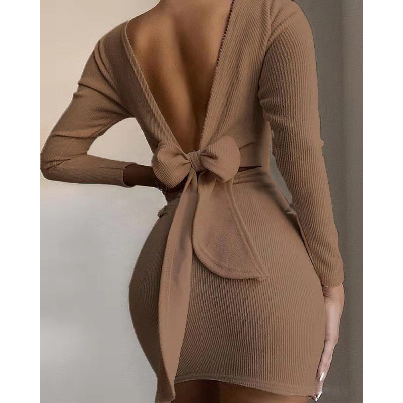 Fall Women Clothes Bow Knot Backless Long Sleeved Mini Dress Womens Dresses Casual Dresses