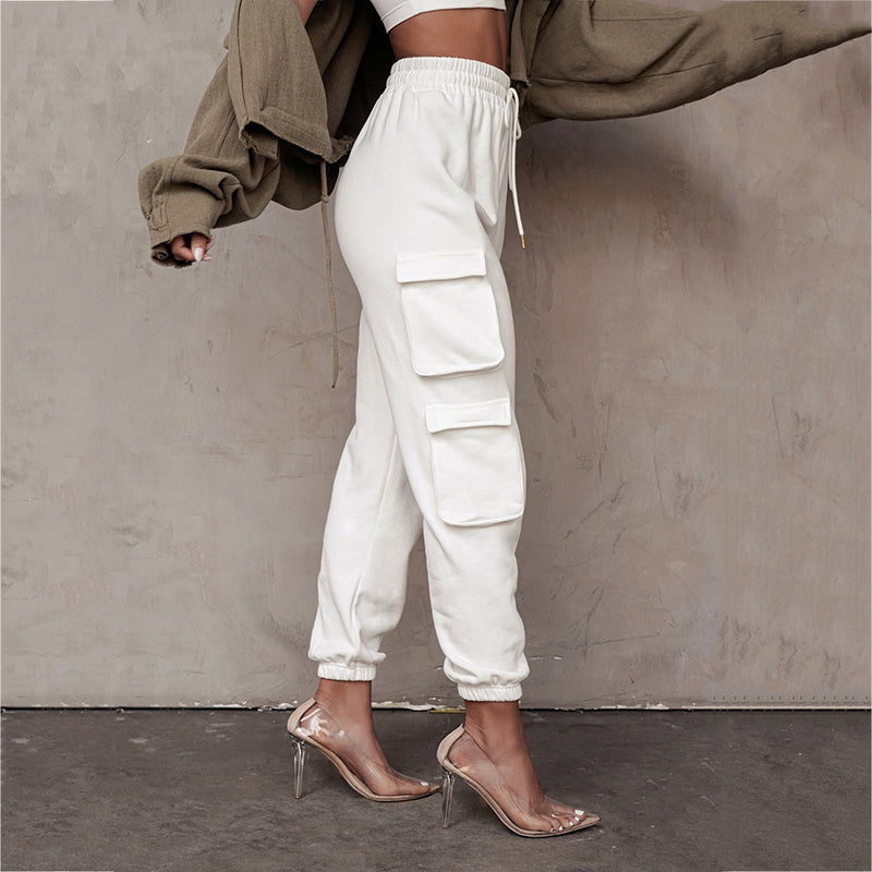 Women's Clothing Fashion Solid Color With Pockets Tie Trousers Sports Pants Casual Cargo Pants