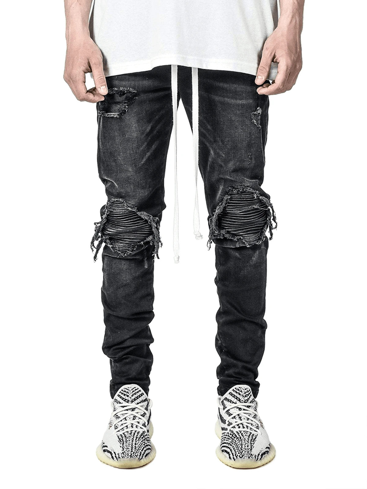 Casual Regular Fit Jean Pants Ripped Holes Zipper Design Men's Biker Jeans Rapp