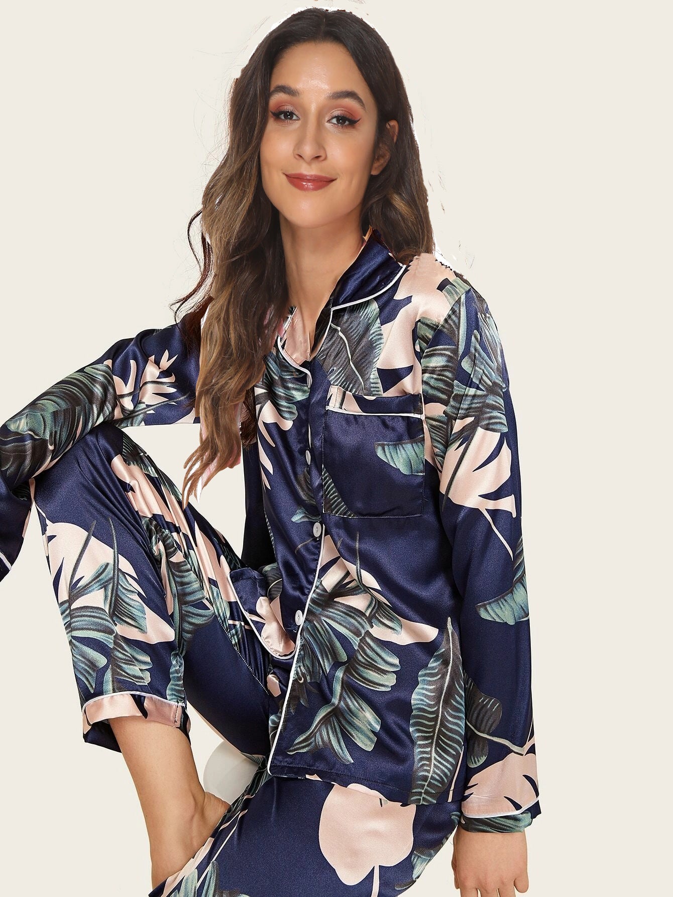 Womens New Arrival Homewear Pajamas Suit Pijamas Sexy Long Sleeve Silk Satin Pajama