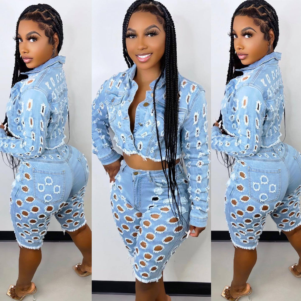 Fall  Women Denim Sets Jeans Jackets Ripped Jeans Women Shorts Sets Two Piece Outfits Denim Jean Sets for Women