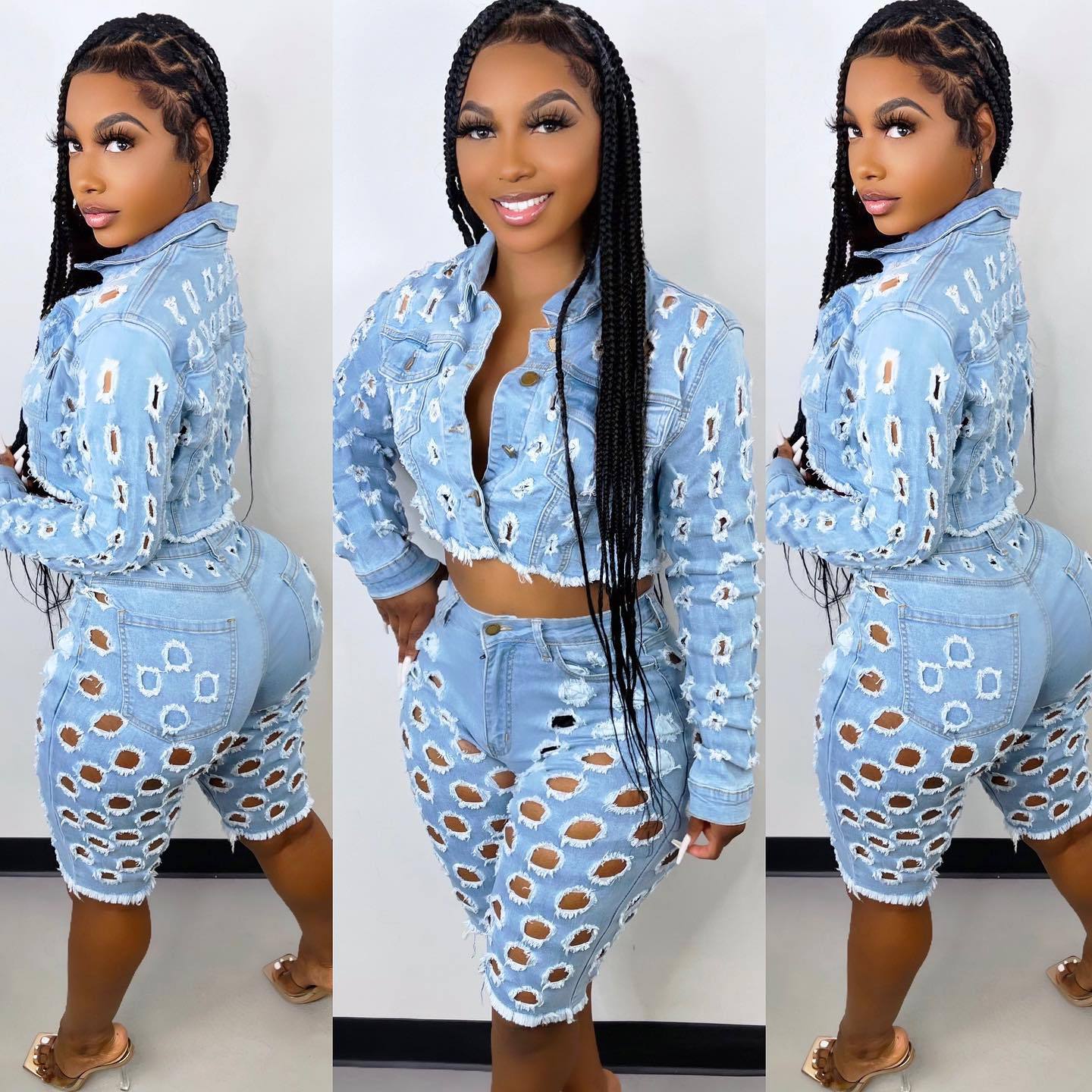 Fall  Women Denim Sets Jeans Jackets Ripped Jeans Women Shorts Sets Two Piece Outfits Denim Jean Sets for Women
