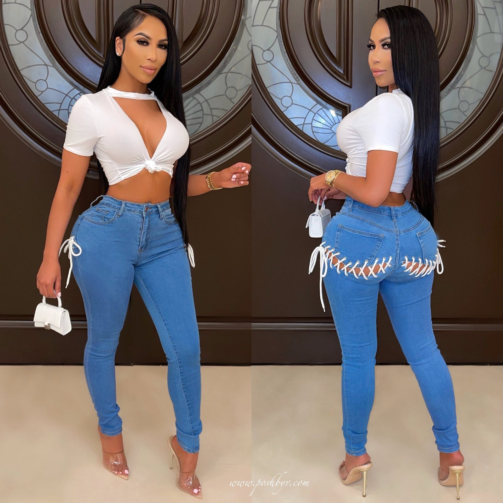 Stretch Woman Skinny Jeans Back Hollow Out Drawstring Cutout Holes Jean