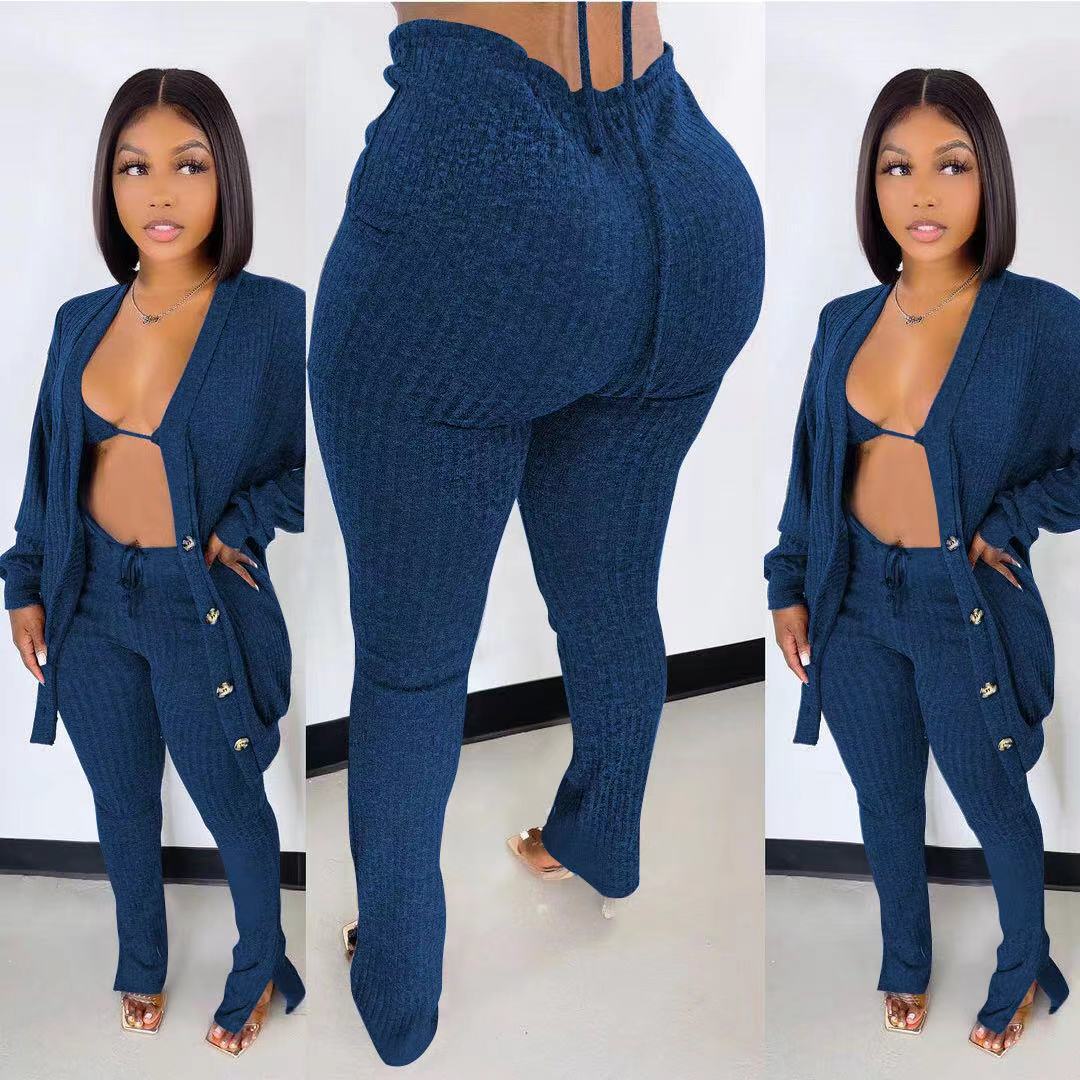 3 Piece Pants Set Winter Outfits for Women Yoga Bra Button Down Shirt and Split Pants Rib Knit Cotton Pant Set Womens Clothing