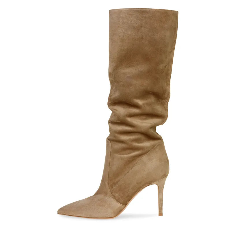 Brown Faux Suede Knee High Boots Slouch 2025 Women Shoes Winter Slouchy Long Boots Woman High Heel Latest Camel Ladies Tall Boot