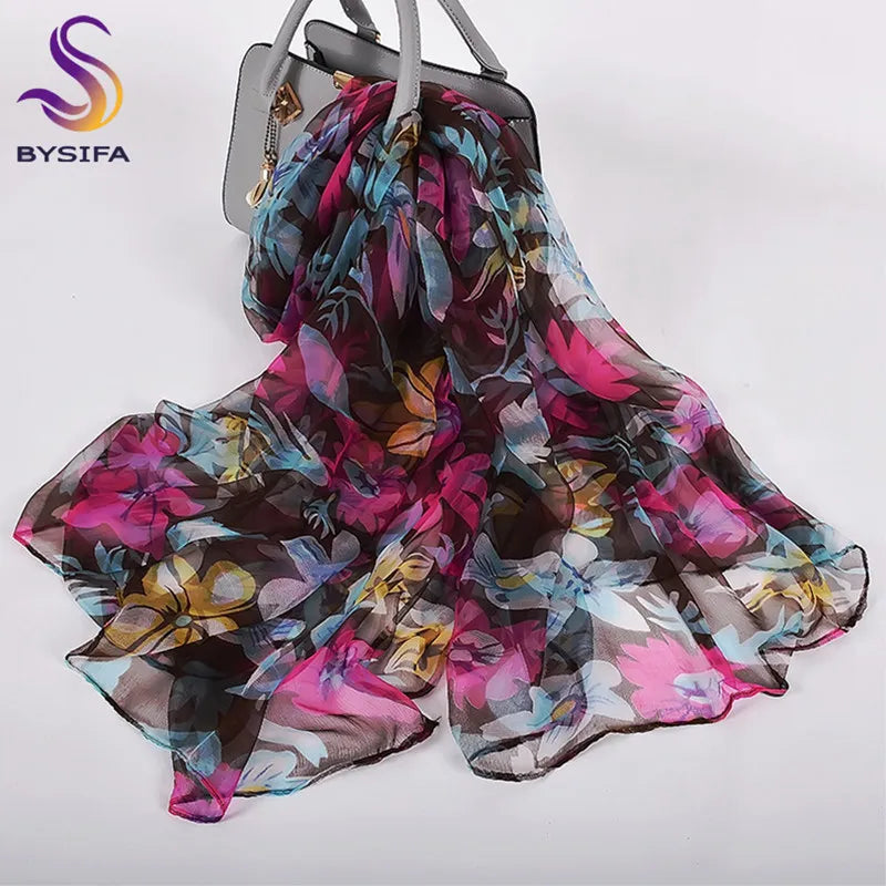 [BYSIFA] Ladies Silk Scarf Shawl New Long Scarves Fashion Brand Scarves Elegant Purple Blue Neck Scarf Beach Shawl Cover-Ups