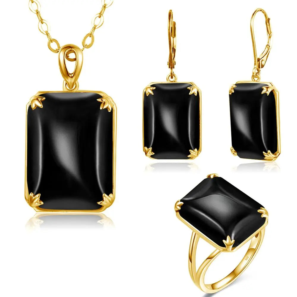 Szjinao Gold Jewelry Set for Women Real 925 Sterling Silver Black Onyx Pendant Earrings Ring Set Vitage Fine Jewelry Handmade
