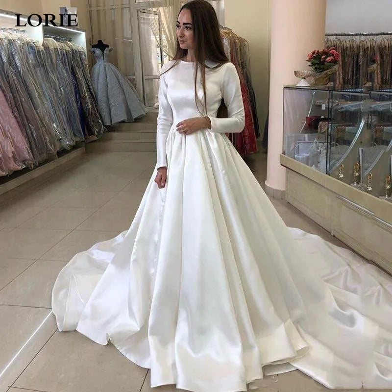LORIE Princess Wedding Dresses Satin Long Sleeve Muslim Wedding Bride Dress White Wedding Gowns Vestido De Novia Customized - My Store
