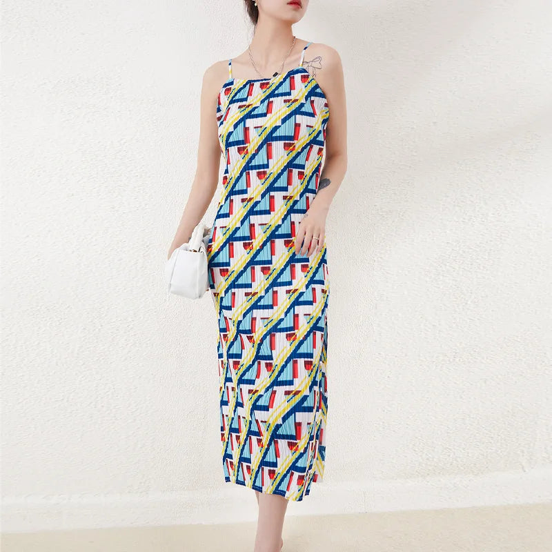 New Summer Miyake Women Pleated Sleeveless Dresses Ladies Casual Halter Dresses Printed Shift Dress