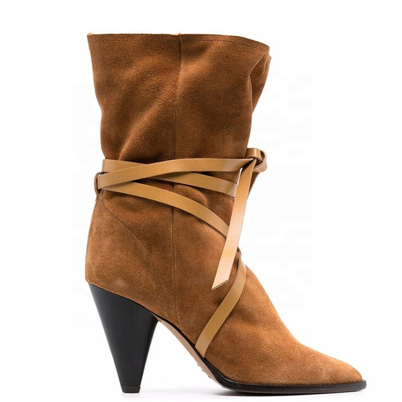 Top Quality Soft Suede Ankle Short Boots Ladies Daily Shoes Spike High Heels Women's Boots Cross Ropes Pointy Toe Booty