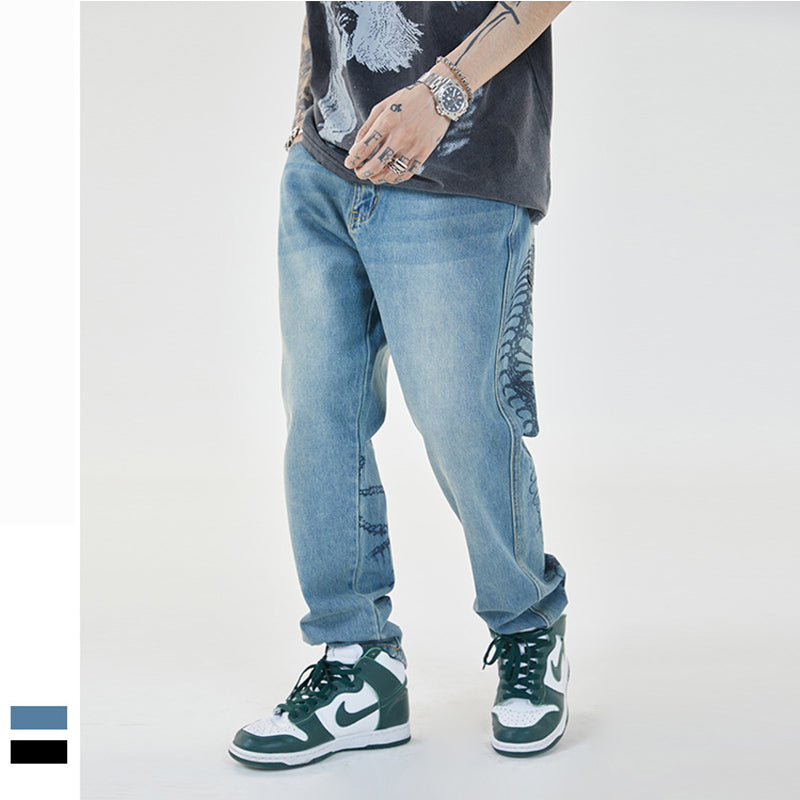Retro Male High Street Stacked Jeans Retro  Blue Baggy Jeans Popular  Printing Wash  Designer Jean