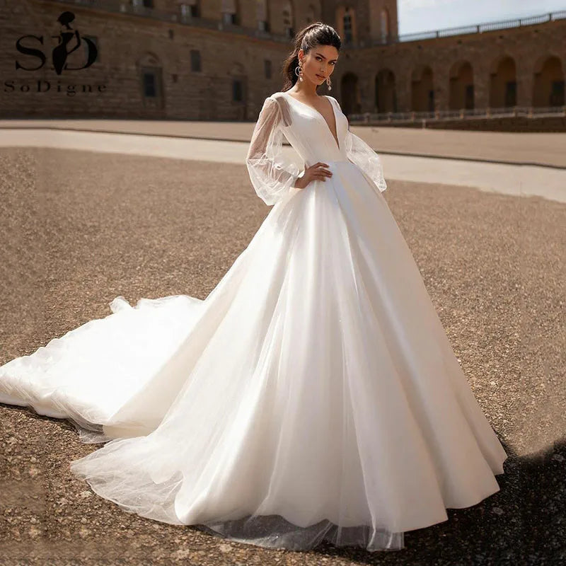Simple 2022 Wedding Dresses Sexy v Neck Removable Long Sleeves Vintage Satin Wedding Gowns Backless Beach Bridal Dress - My Store
