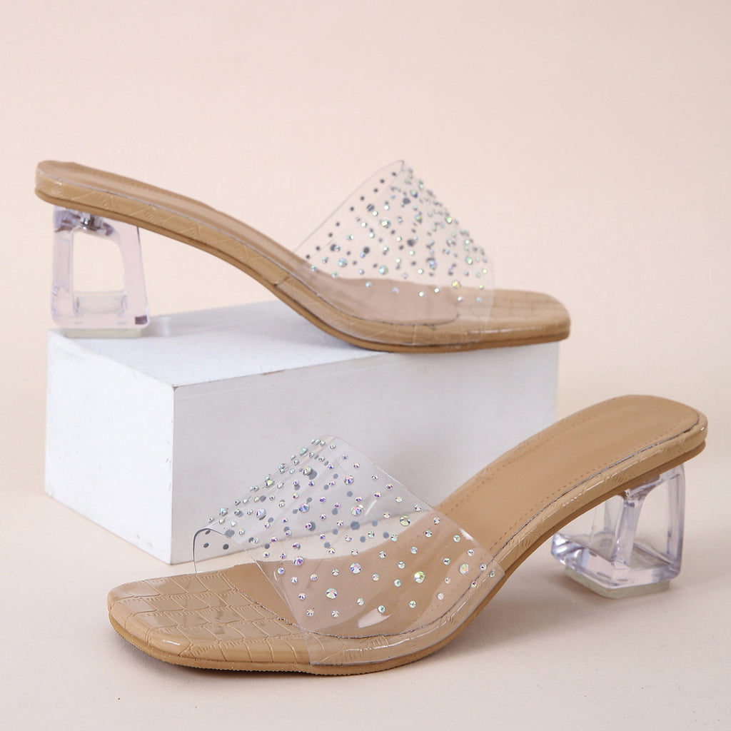 Stylish Slipper Ladies Outdoor High Heeled Women Crystal Fabric Flip Flops Shoes Women's New Square Toe Crystal Sandals Slippers