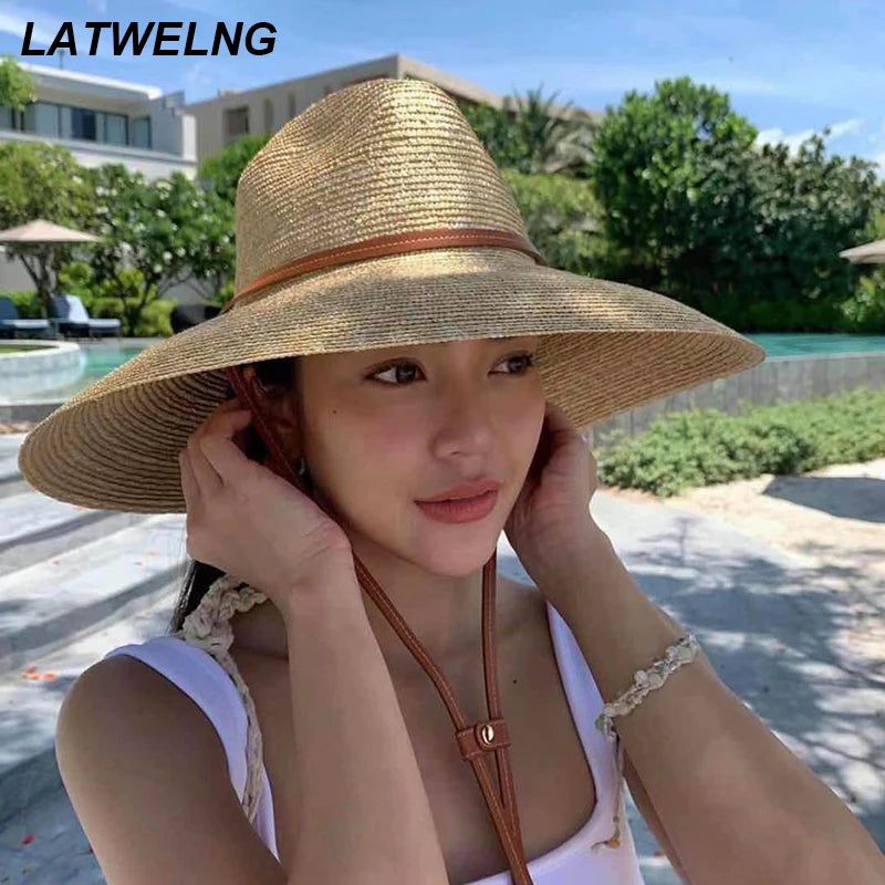 New Belt Strap Straw Sun Hat for Women Fashion Vacation Beach UV Hats WideBrim Panama Hats Outdoor Wholesale