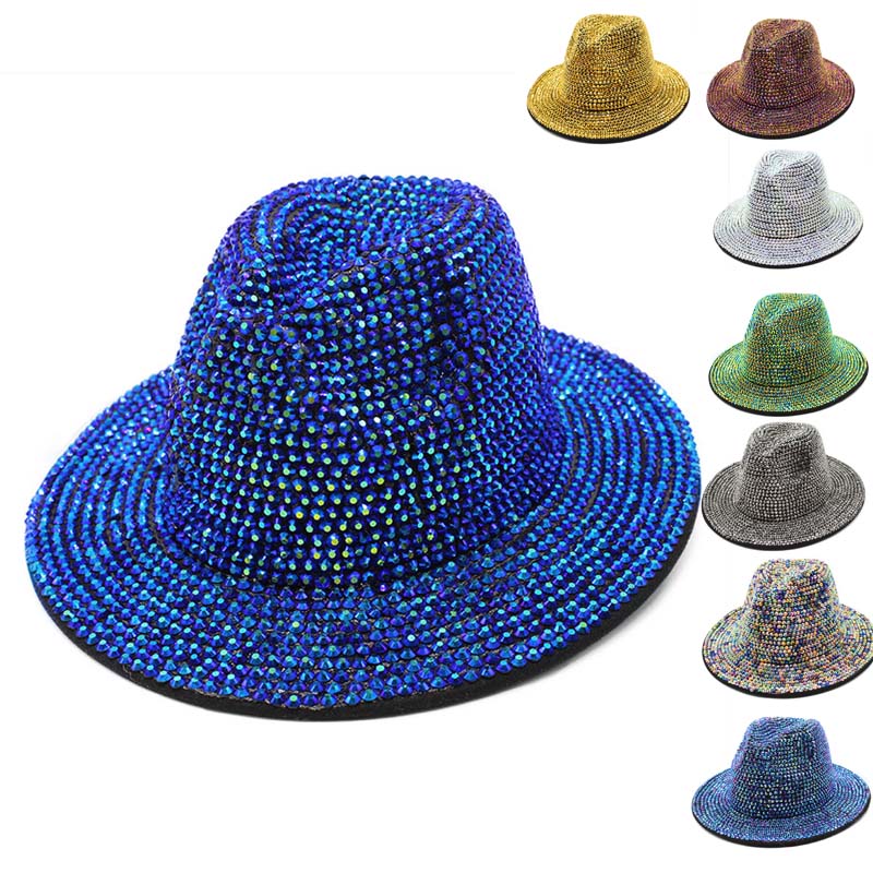 New Adult Wide Brim Sombrero Hip Hop Jazz Hat Men Borsalino Fedora Bucket Hats White Rhinestone Fedora Hats