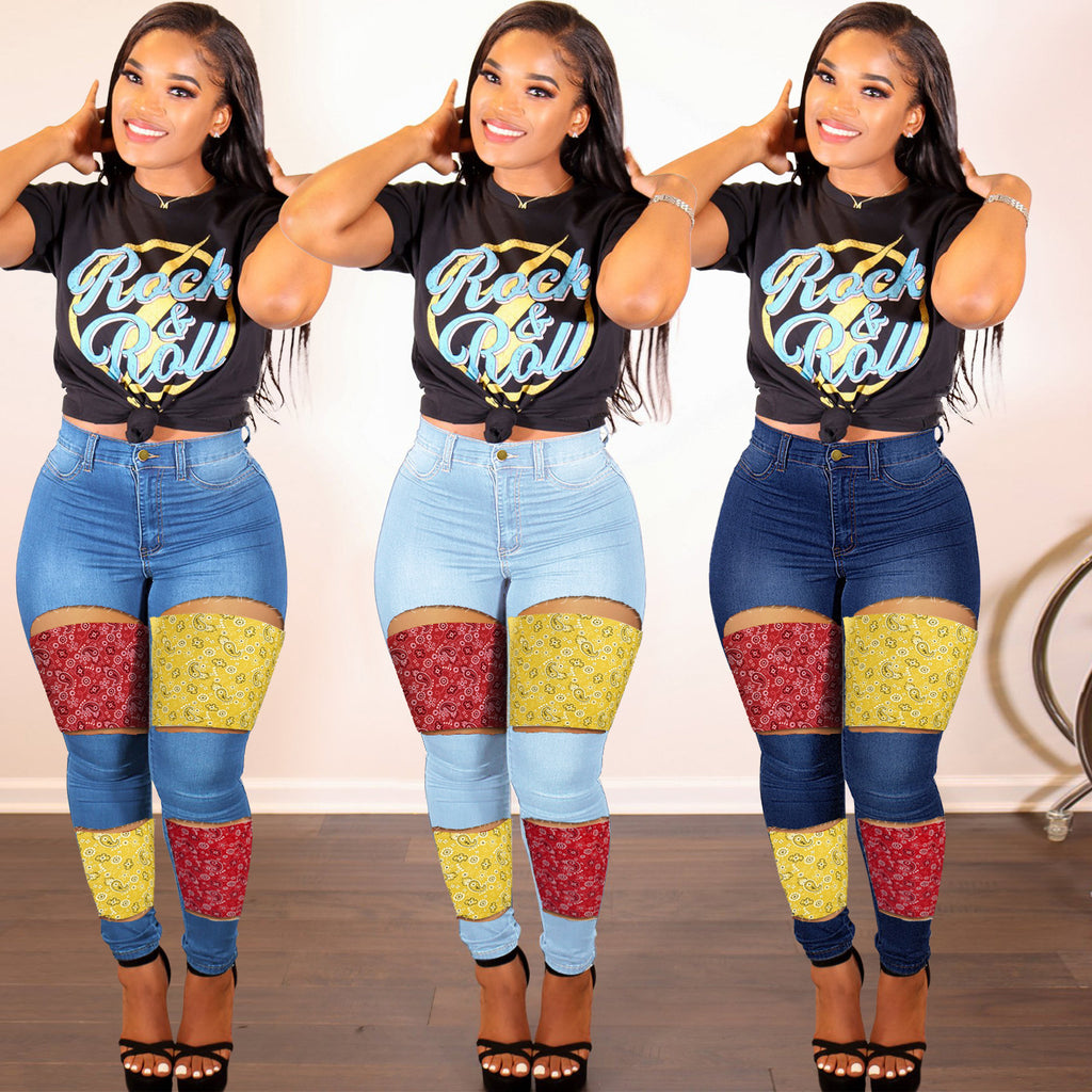 TG Woman Stretch Jeans Slim Pencil Pants Ladies Plus Size Jean Women Bandana Print Patchwork Skinny Jeans