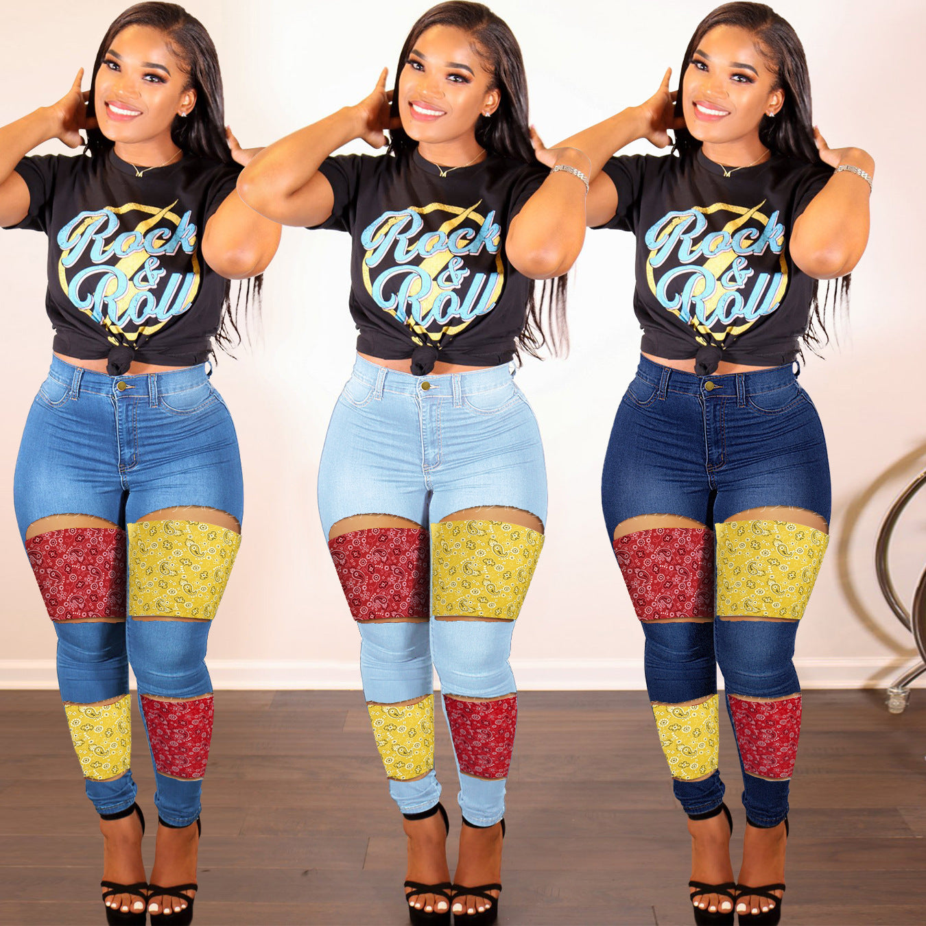 TG Woman Stretch Jeans Slim Pencil Pants Ladies Plus Size Jean Women Bandana Print Patchwork Skinny Jeans